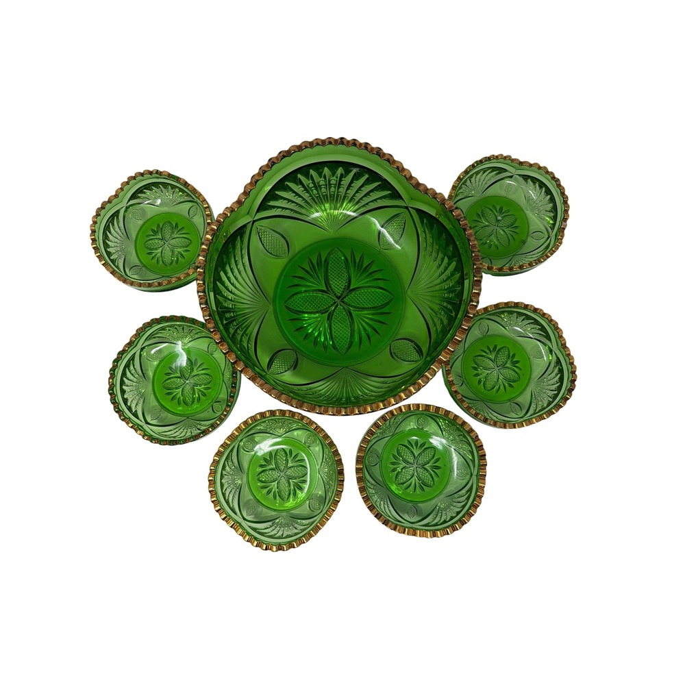 Antique Heisey Pineapple & Fan Emerald Green Heart Bowl Set Gold Trim 7pc EAPG